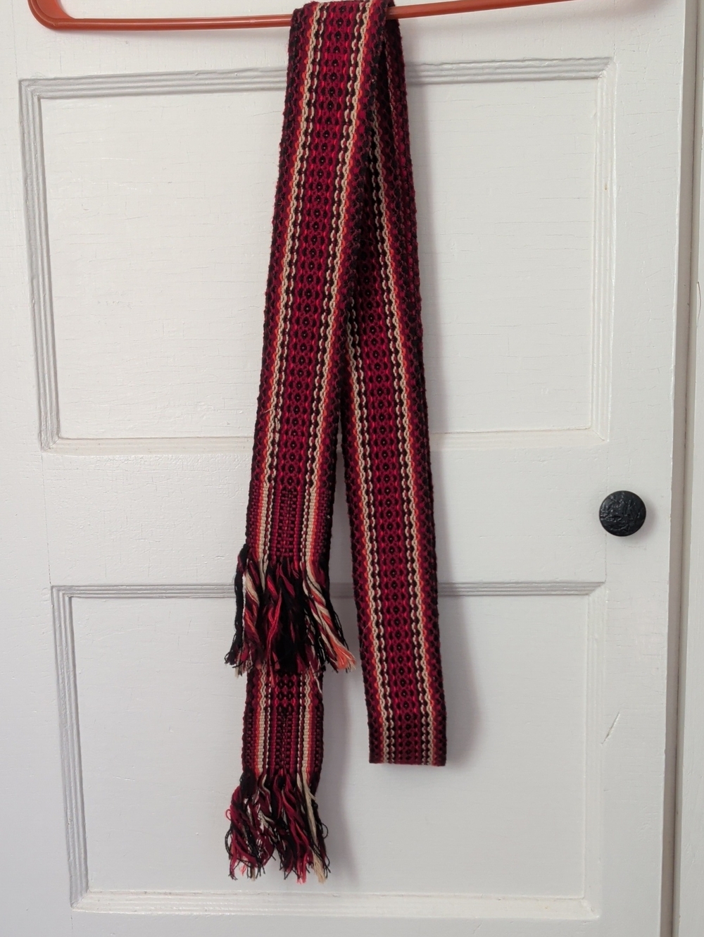 Red Sash 1970's Handwoven Black Striped Scarf Belt Fringe 82" Hippie Bohemian